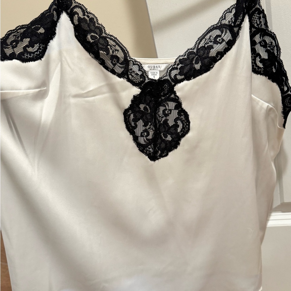 Guess White Satin Top with Black Lace Trim